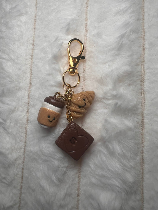 Croissant, Coffee & Book Polymer Clay Charm for keychain, bags or zipper charms – Custom Initial Personalized Gift