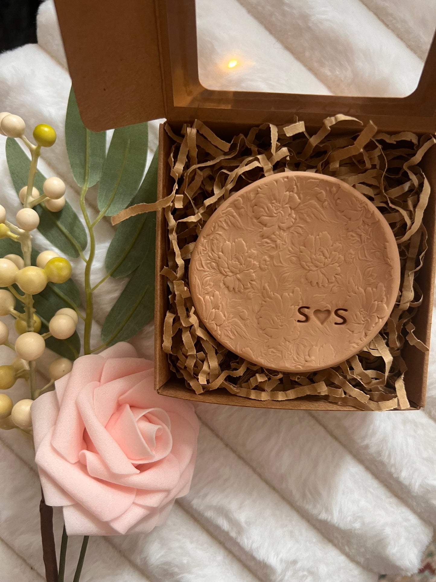 Personalized Rustic Clay Ring Dish – Custom Initials Jewelry Holder in Beige | Floral Engraved or Wavy Texture