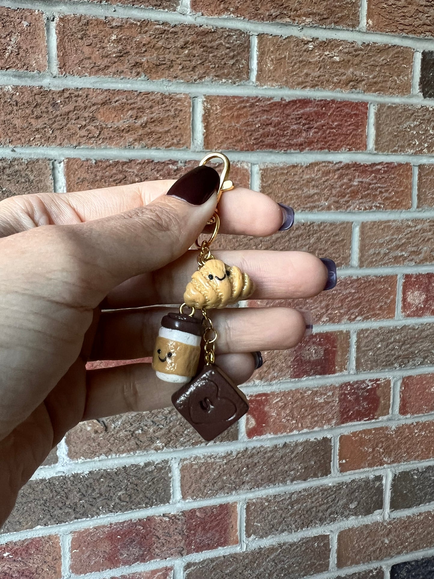 Croissant, Coffee & Book Polymer Clay Charm for keychain, bags or zipper charms – Custom Initial Personalized Gift